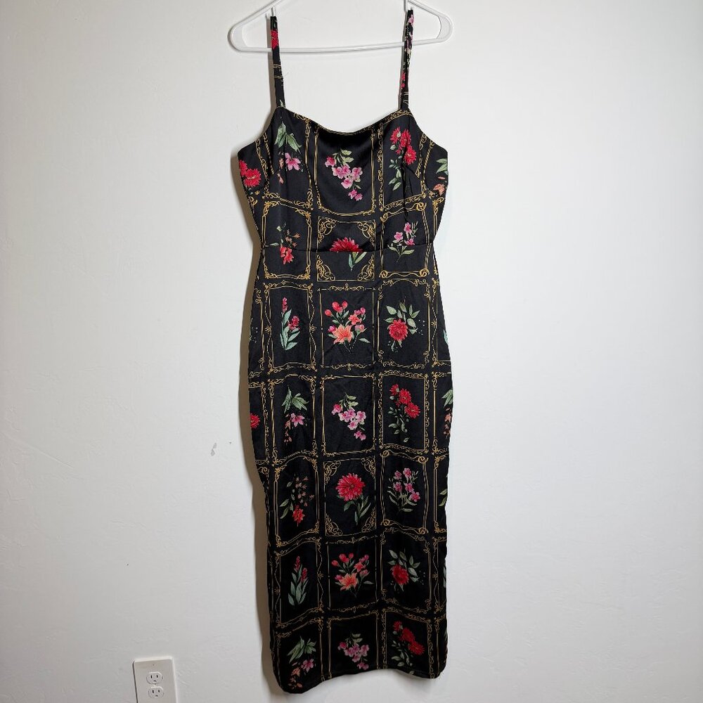 NWOT 90s inspired Taylor Black Floral / Botanical "Frame" Print Maxi Dress sz 10